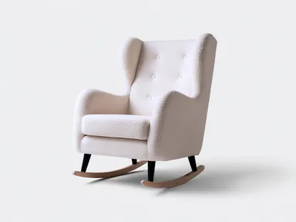 Mecedora orejera tapizada en tela blanca con estructura de madera y patas negras 80x85x105 cm - estilo clásico