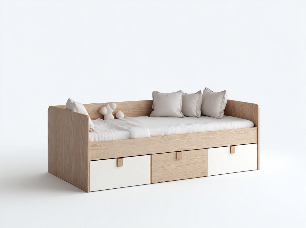 Cama infantil con cajones de almacenaje - 90x190x72 cm - madera clara y blanco - diseño moderno