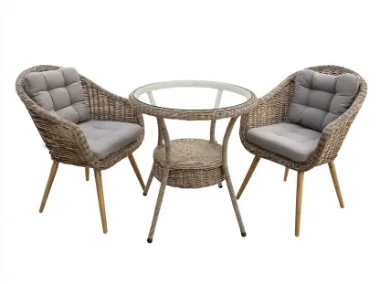 Conjunto de 2 sillones de ratán 66x62x85 cm con mesa auxiliar 55x55x60 cm - color madera natural - estilo exterior contemporáneo