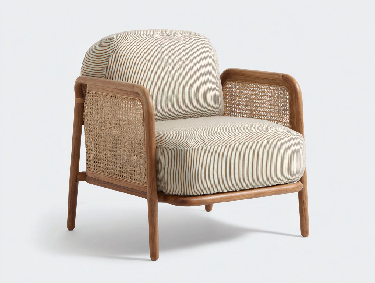 Sillón de madera con laterales de ratán y cojín tapizado - 78x80x85 cm - beige/natural - estilo contemporáneo