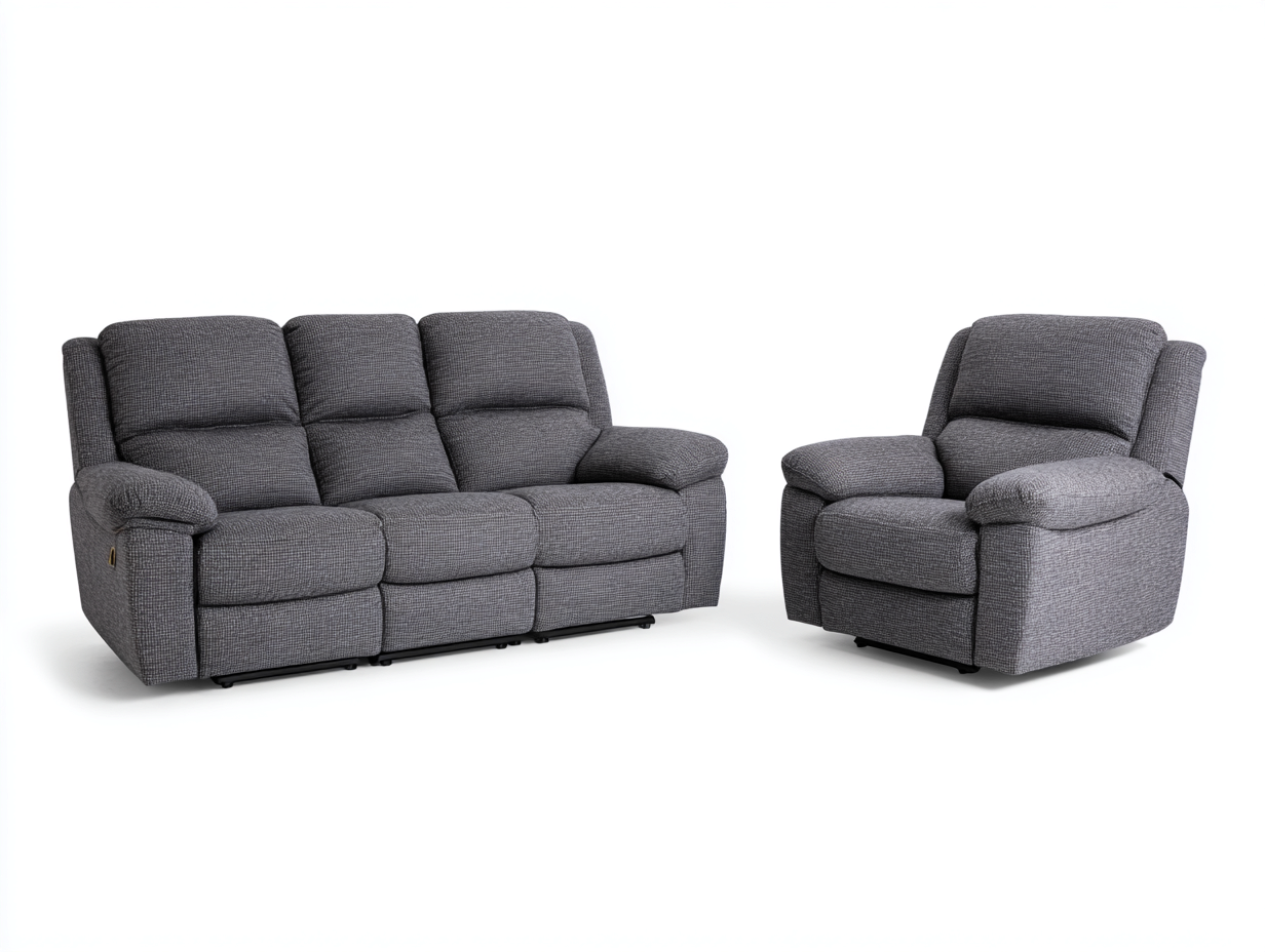 Sofá de tres plazas 210x95x100 cm y sillón 105x95x100 cm tapizados en tela - gris oscuro - con función reclinable