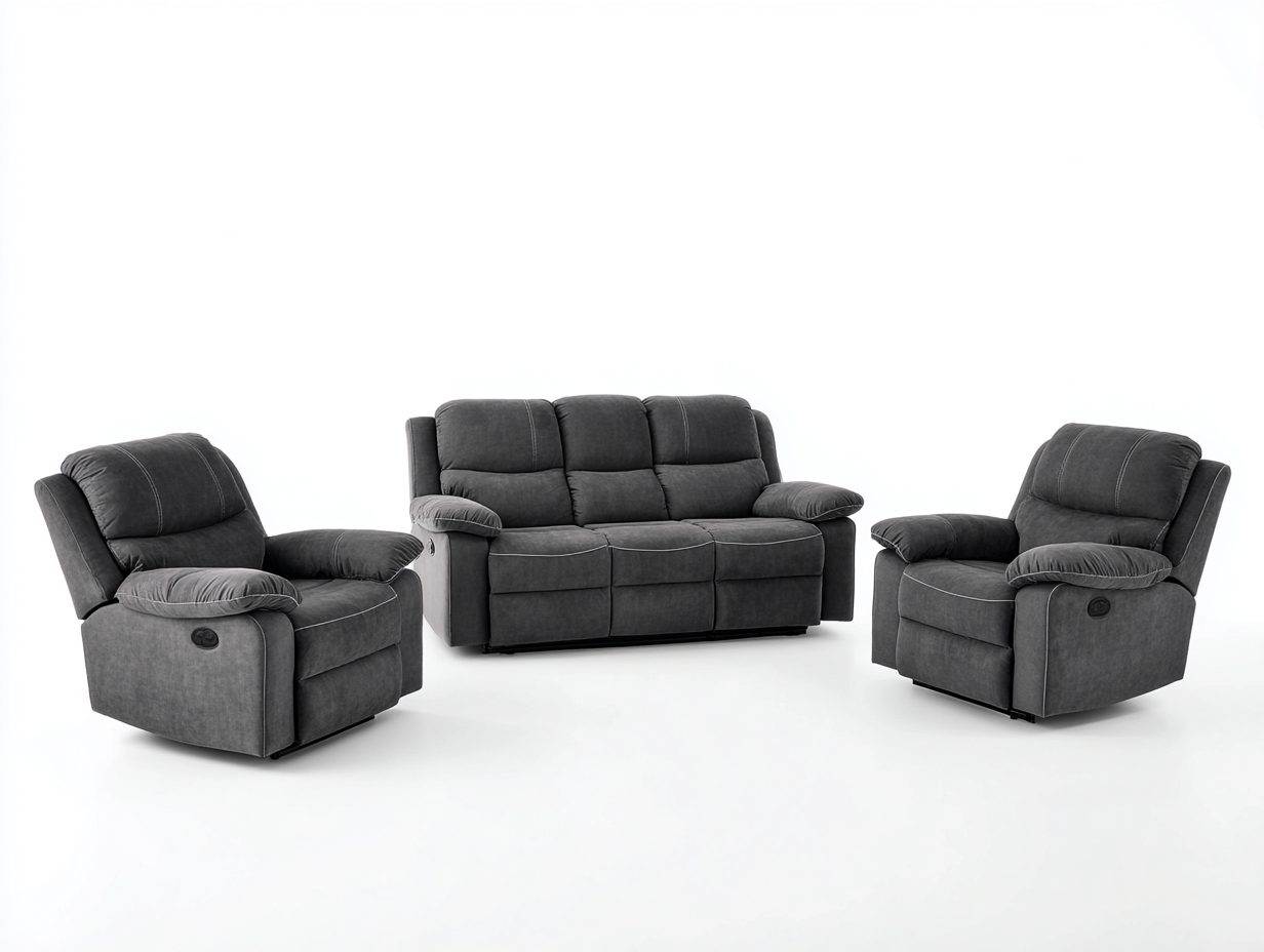 Sofá de tres plazas 210x95x100 cm y 2 sillones 105x95x100 cm tapizados en tela - gris oscuro - con función reclinable