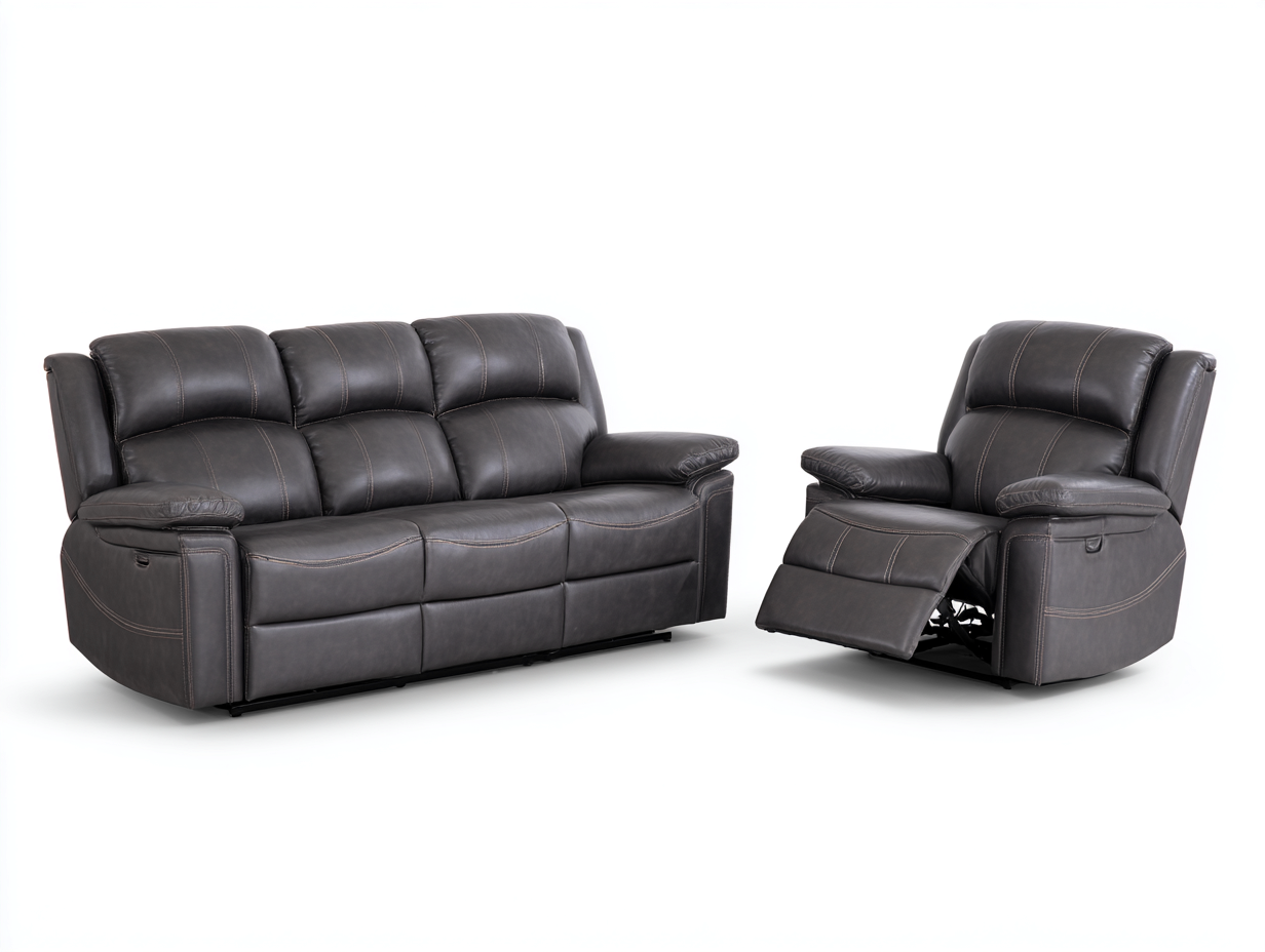 Sofá de tres plazas 210x95x100 cm y sillón 105x95x100 cm de piel sintética - gris oscuro - con función reclinable