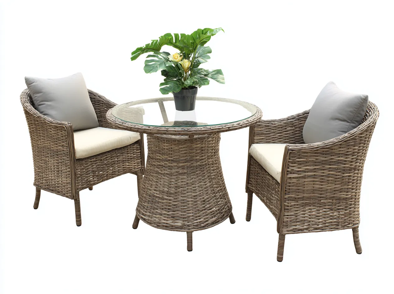 Conjunto de 2 sillones de ratán tejido 61x64x85 cm con mesa redonda de vidrio 70x70x74 cm - color marrón - estilo comedor para jardín y terraza