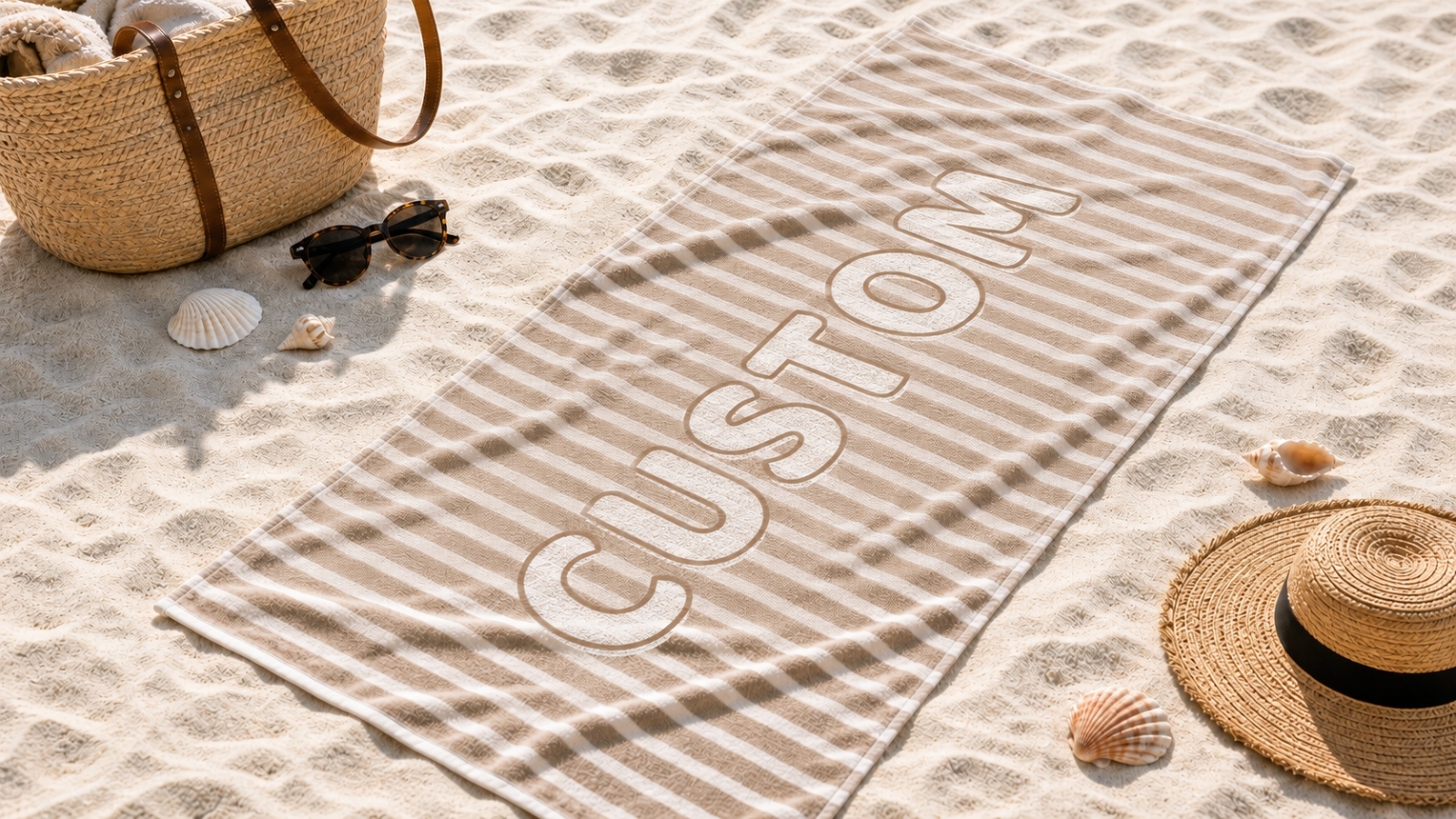 Personalized striped beach towel ready for custom name or text
