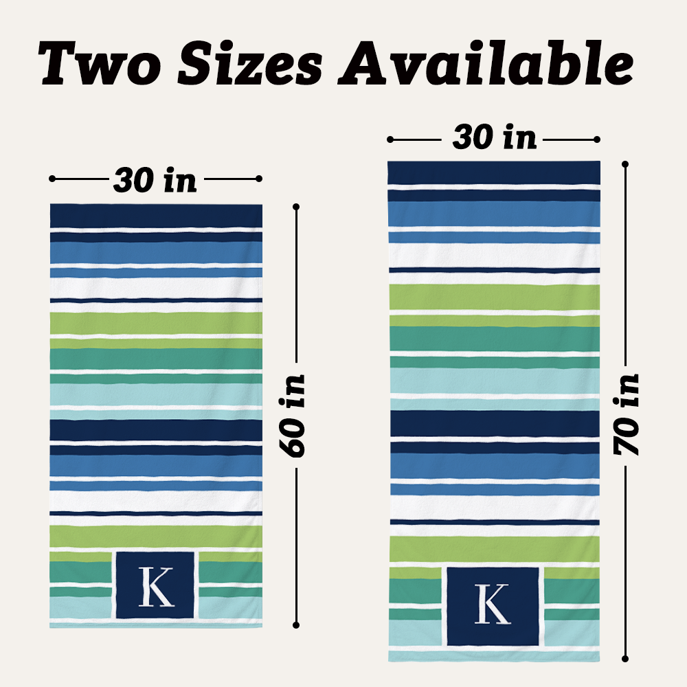 Personalized striped beach towel available in 30 x 60 inch and 30 x 70 inch sizes for beach and pool use