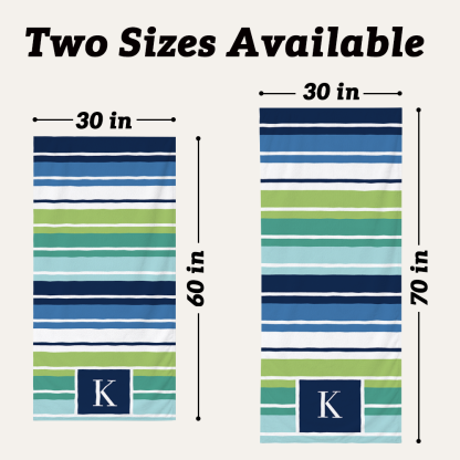 Personalized striped beach towel available in 30 x 60 inch and 30 x 70 inch sizes for beach and pool use