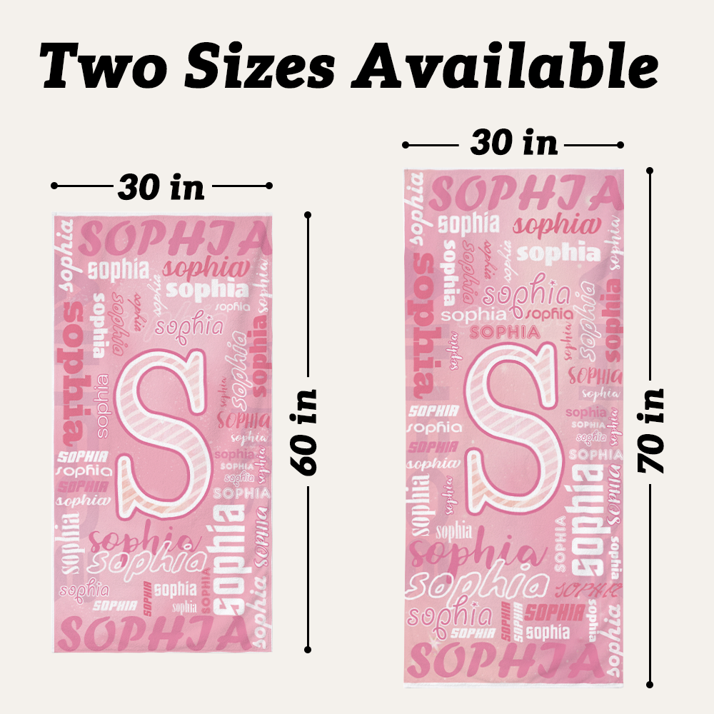 Personalized initial and name beach towel available in 30 x 60 inch and 30 x 70 inch sizes
