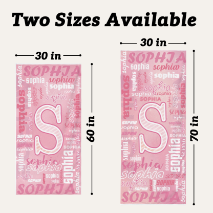 Personalized initial and name beach towel available in 30 x 60 inch and 30 x 70 inch sizes