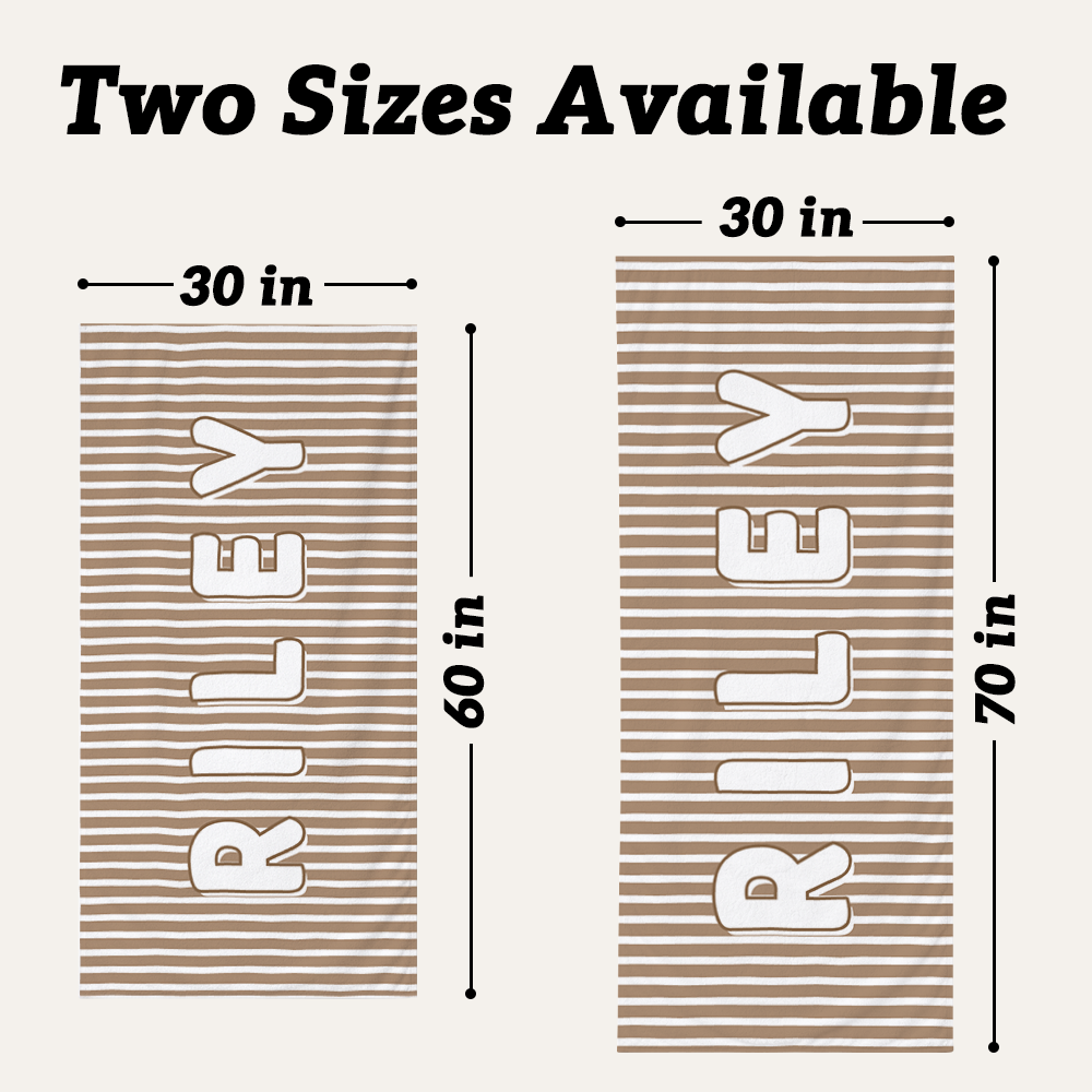 Personalized kids beach towel available in 30 x 60 inch and 30 x 70 inch sizes