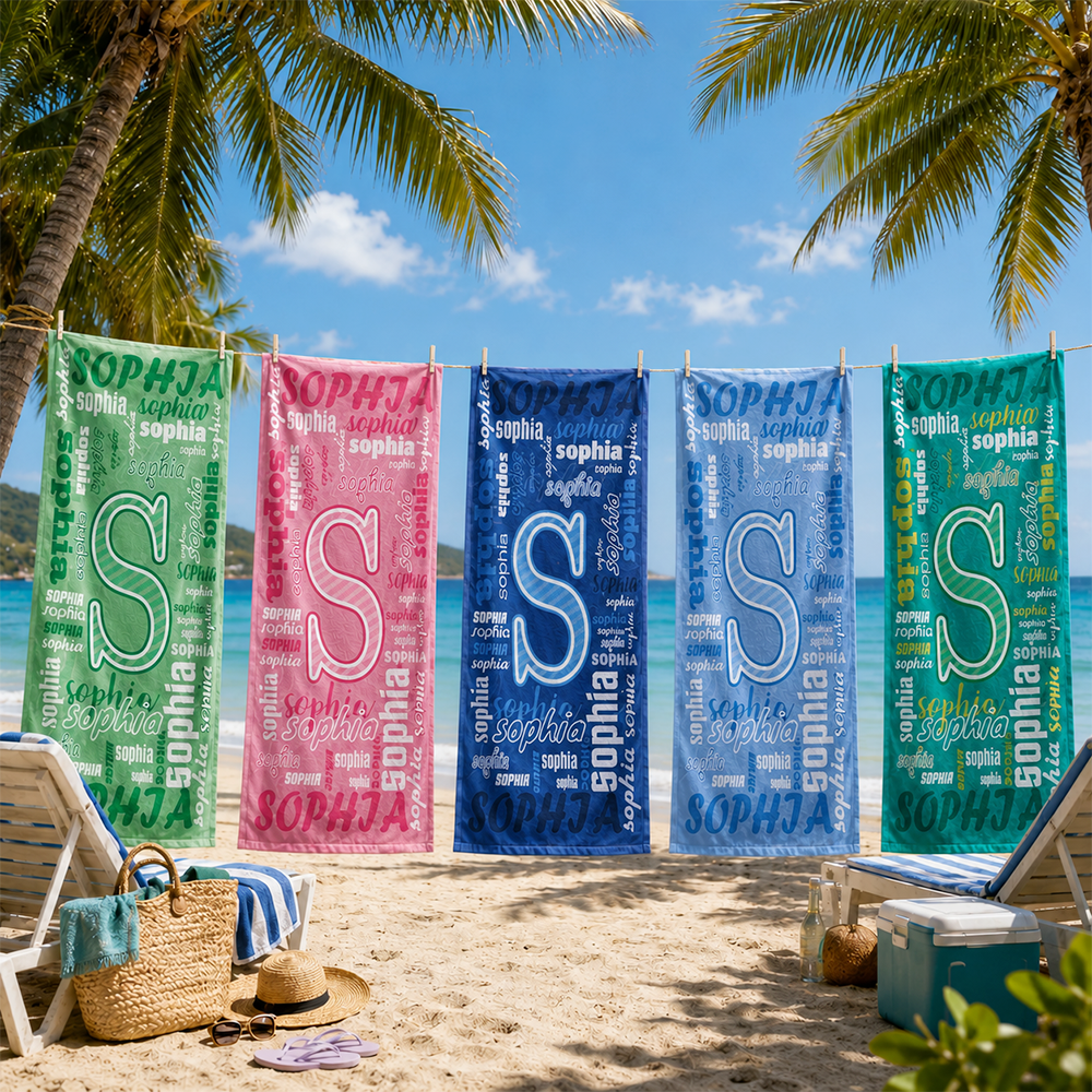 Personalized initial beach towels available in multiple colors with custom name designs