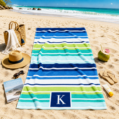 Custom striped monogram beach towel used on the beach for summer vacations and outdoor relaxation