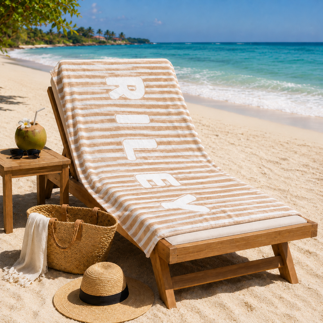 Custom personalized kids beach towel displayed at a poolside lounge for summer vacations
