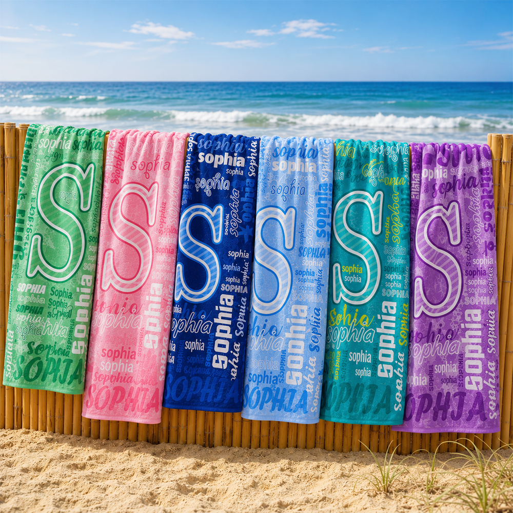 Custom personalized beach towels featuring different initial and name combinations for family use