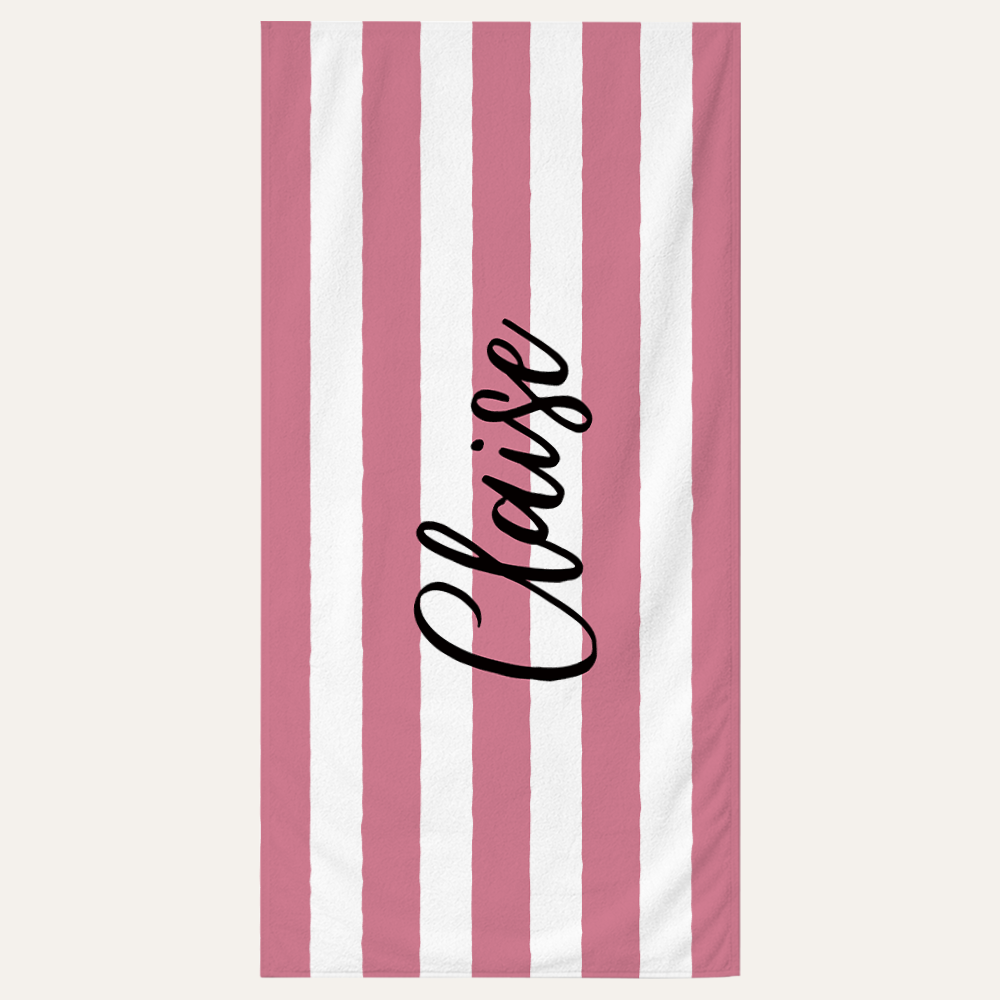 Personalized stripe name beach towel with custom text design for beach, pool, and summer use