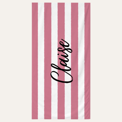 Personalized stripe name beach towel with custom text design for beach, pool, and summer use