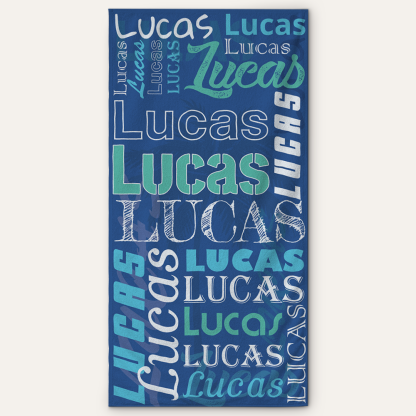 Personalized name collage beach towel with custom repeated text design for beach and pool use