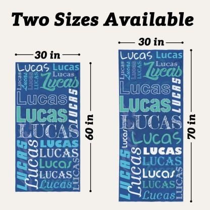 Personalized name collage beach towel available in 30 x 60 inch and 30 x 70 inch sizes