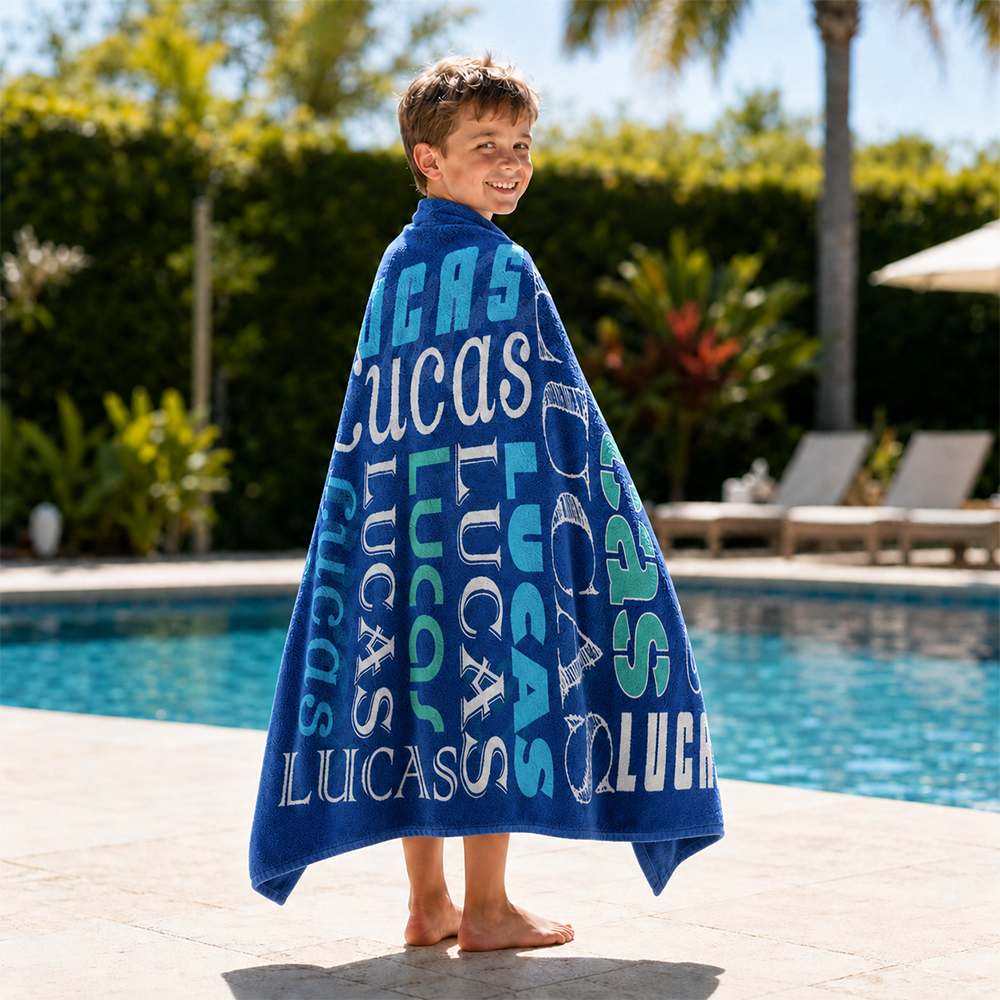 Personalized beach towel with custom name pattern design for pool and outdoor activities