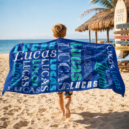 Custom name collage beach towel used for summer vacations, beach trips, and outdoor relaxation