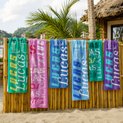 Personalized name collage beach towels available in multiple colors with custom text designs