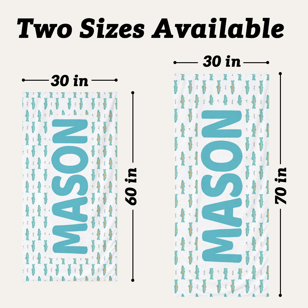 Personalized kids beach towel available in 30 x 60 inch and 30 x 70 inch sizes