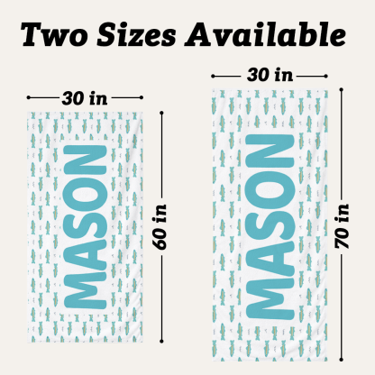 Personalized kids beach towel available in 30 x 60 inch and 30 x 70 inch sizes