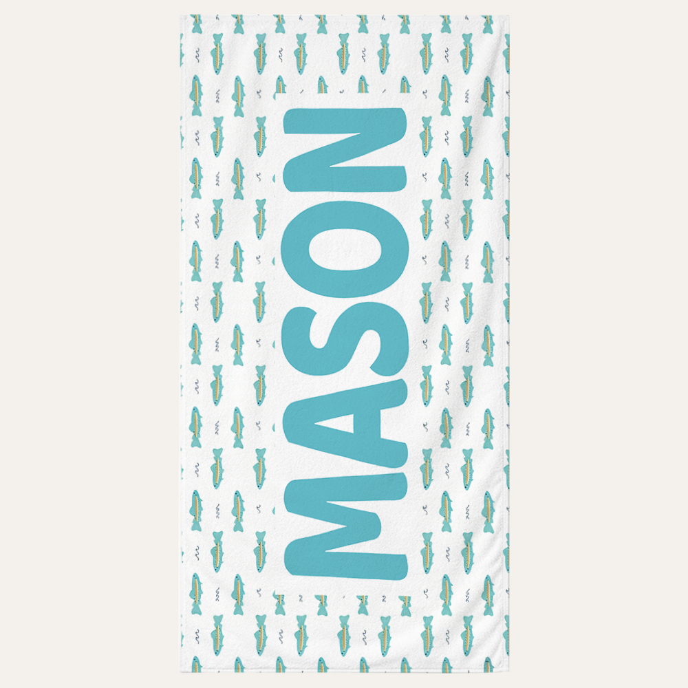 Personalized kids beach towel with custom name and little fins ocean design for beach and pool use