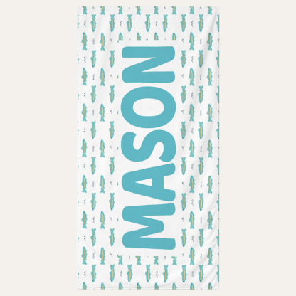 Personalized kids beach towel with custom name and little fins ocean design for beach and pool use