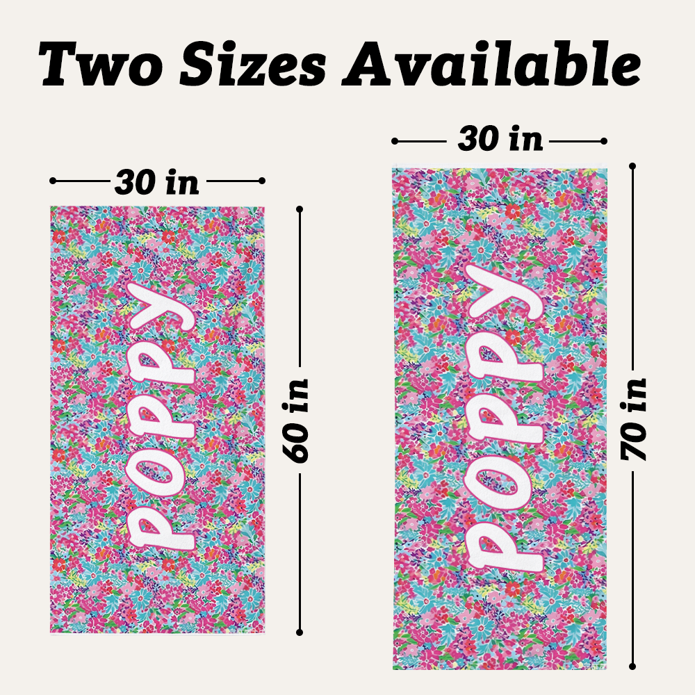 Personalized kids beach towel available in 30 x 60 inch and 30 x 70 inch sizes