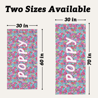 Personalized kids beach towel available in 30 x 60 inch and 30 x 70 inch sizes