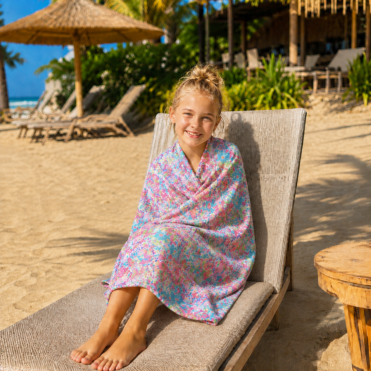 Personalized kids beach towel with flower pattern design for poolside relaxation and summer trips