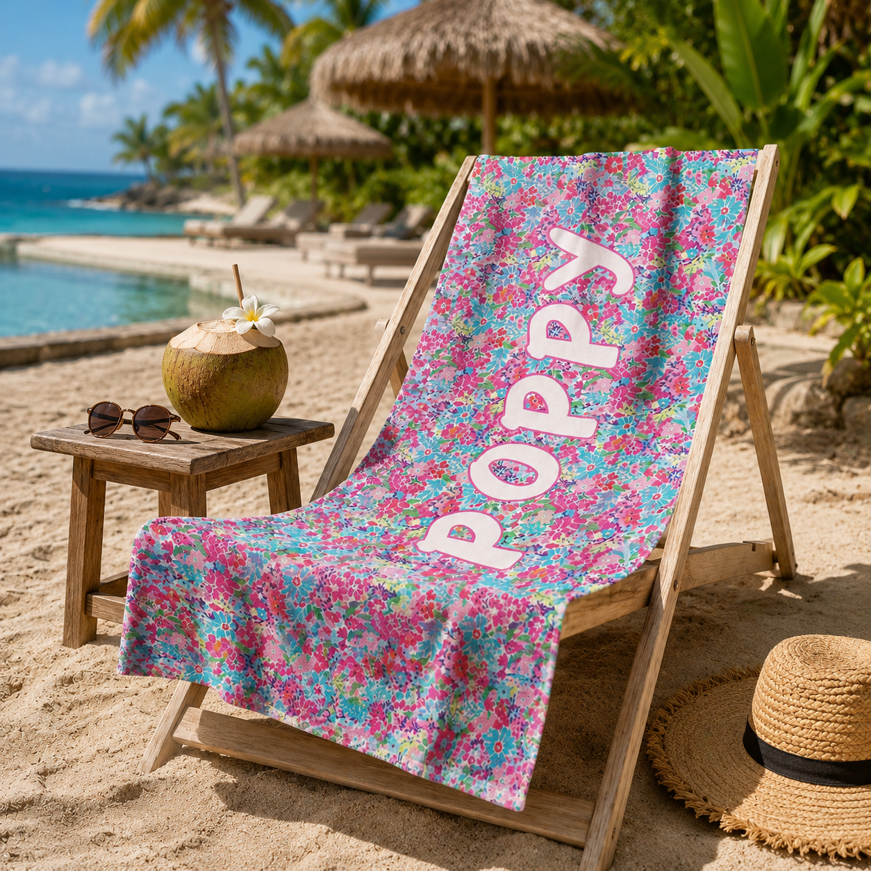Custom personalized kids beach towel displayed at a beach lounge with colorful floral pattern