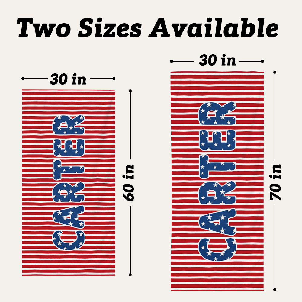 Personalized kids beach towel available in 30 x 60 inch and 30 x 70 inch sizes