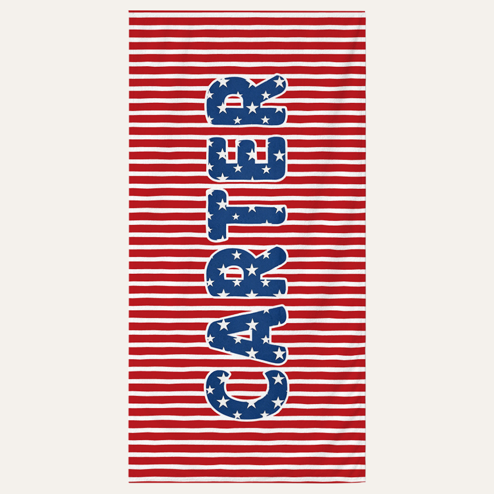 Personalized kids beach towel with custom name on stars and stripes design for summer beach use