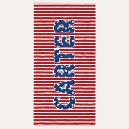 Personalized kids beach towel with custom name on stars and stripes design for summer beach use