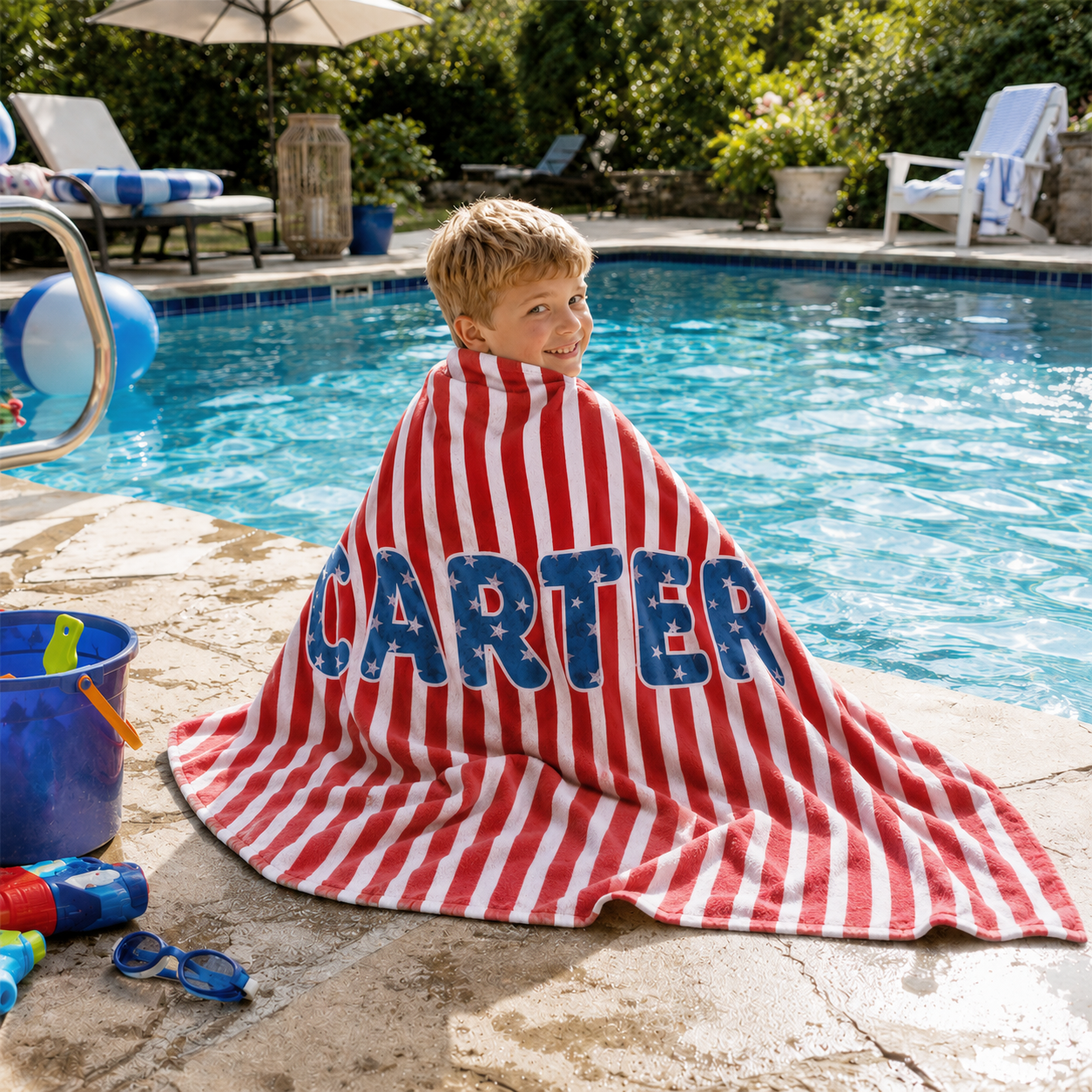 Personalized children beach towel with stars and stripes design for pool and outdoor activities