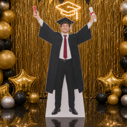 Personalized graduation cardboard cutout displayed at a graduation party celebration event