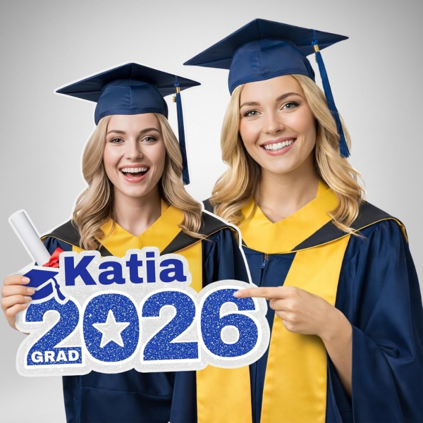 Custom 2026 Blue Glitter Graduation Big Head Cutout — personalized graduation party prop