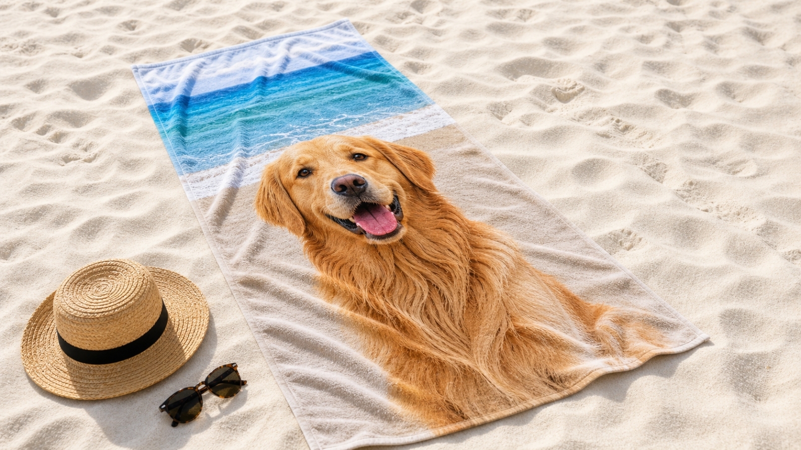 Custom beach towel printed with a favorite pet photo on white beach sand
