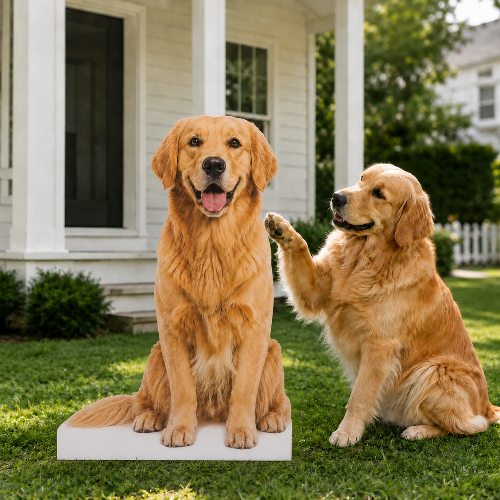 Custom pet life size cardboard cutout featuring personalized dog photo for outdoor display and pet celebration