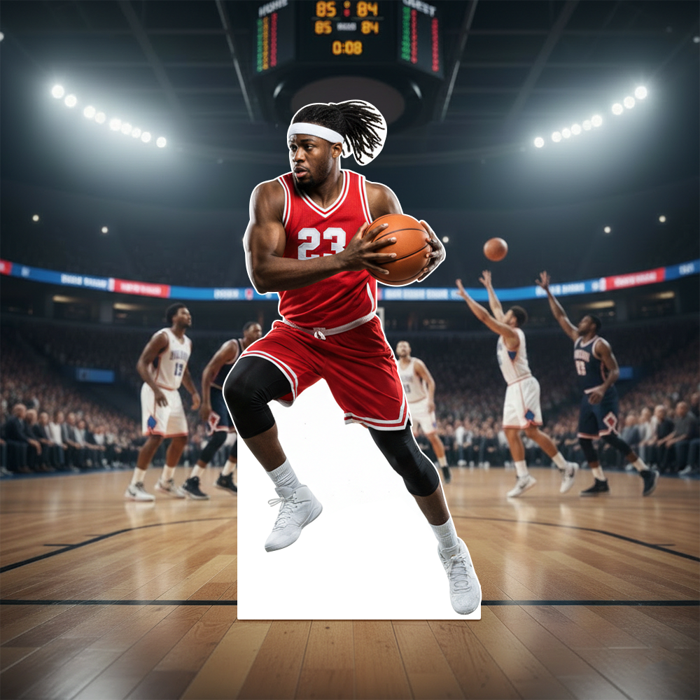 Sports cardboard cutout display at a basketball game