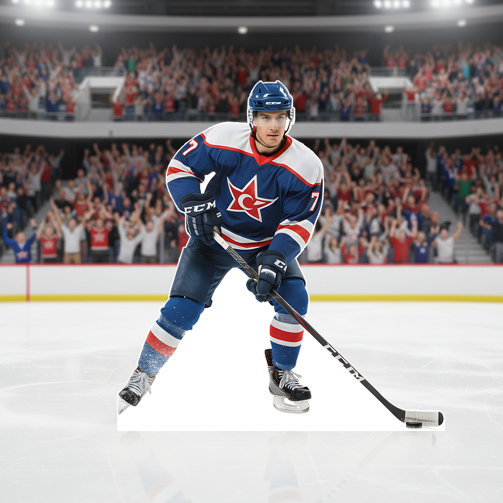 Sports cardboard cutout display at a hockey rink