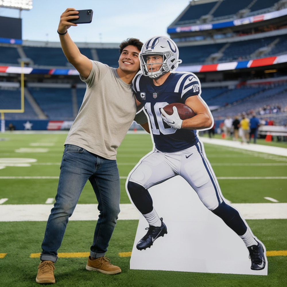 Sports cardboard cutout display at a football stadium