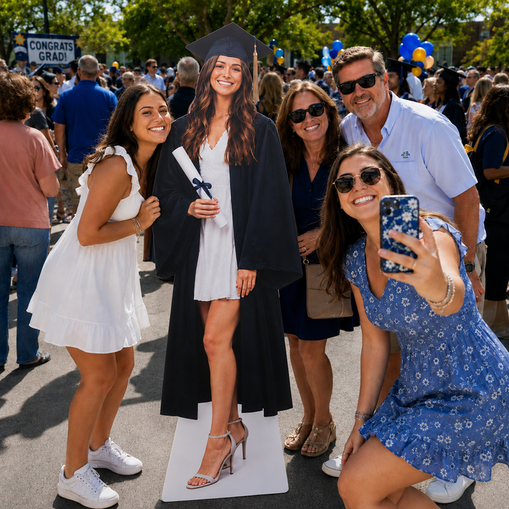 Friends taking photos with a custom graduation life size cardboard cutout at commencement celebration