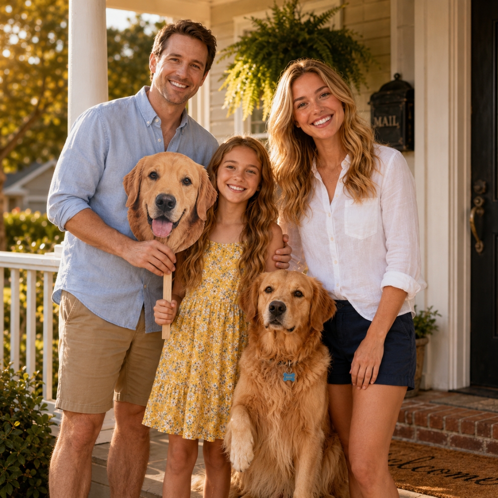 Personalized pet face cutout photo props featuring custom dog portraits for family celebrations