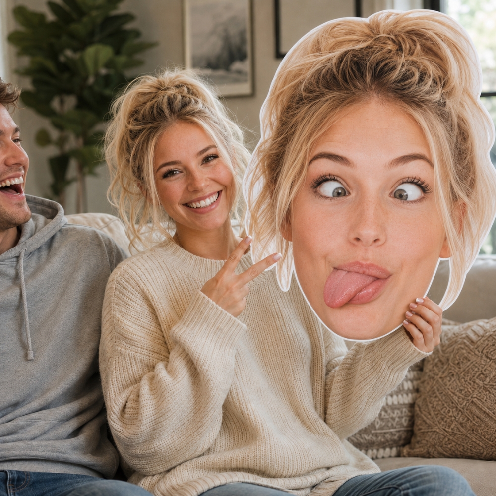 Personalized big head cutout photo props for couples at a fun party celebration