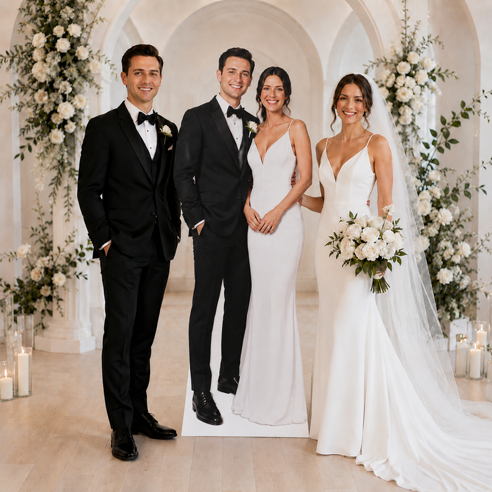 Personalized wedding life size cutout used as a photo prop for ceremony and celebration