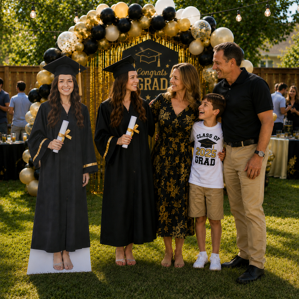 Family celebrating graduation with a personalized life size graduate cardboard cutout display