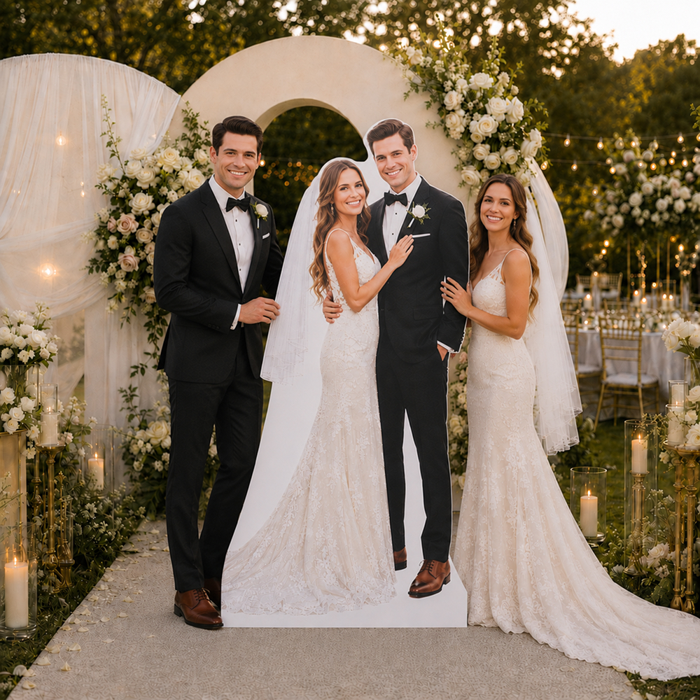 Custom life size cardboard cutout wedding decoration with personalized photo standee display
